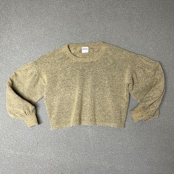 DONNA MIZANI SWEATER‎ puff sleeve woven knit tan small - Picture 1 of 7